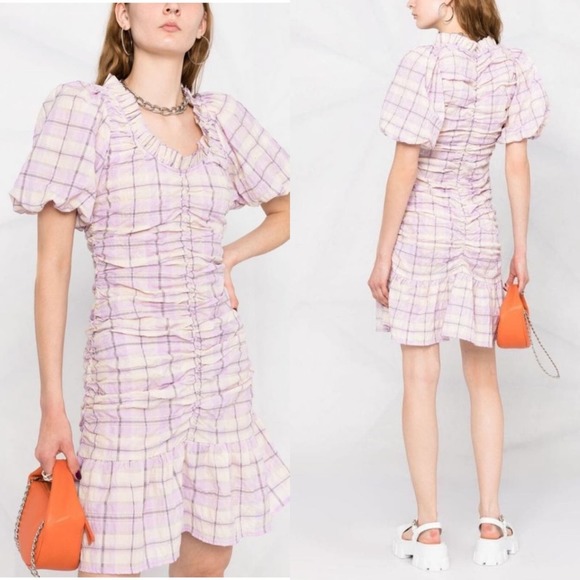 Ganni Dresses & Skirts - Ganni Ruched Dress Checked Print Seersucker Organic Cotton Mini Dress Size M